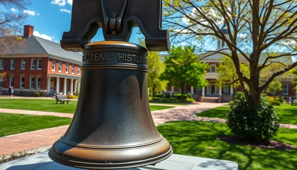 Generate an image of Independence National Historical Park with the Liberty Bell in the foreground.