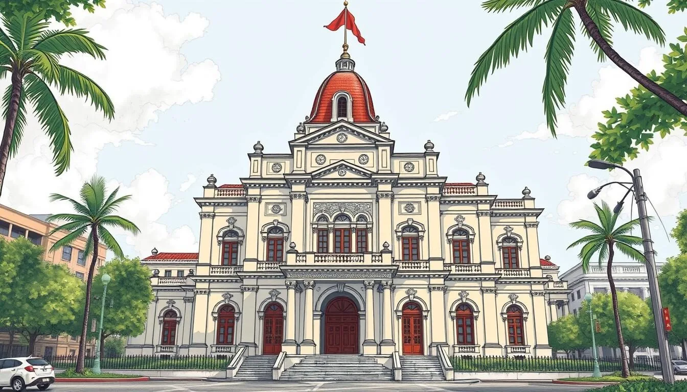 Generate an image of Iolani Palace's grand facade in downtown Honolulu.