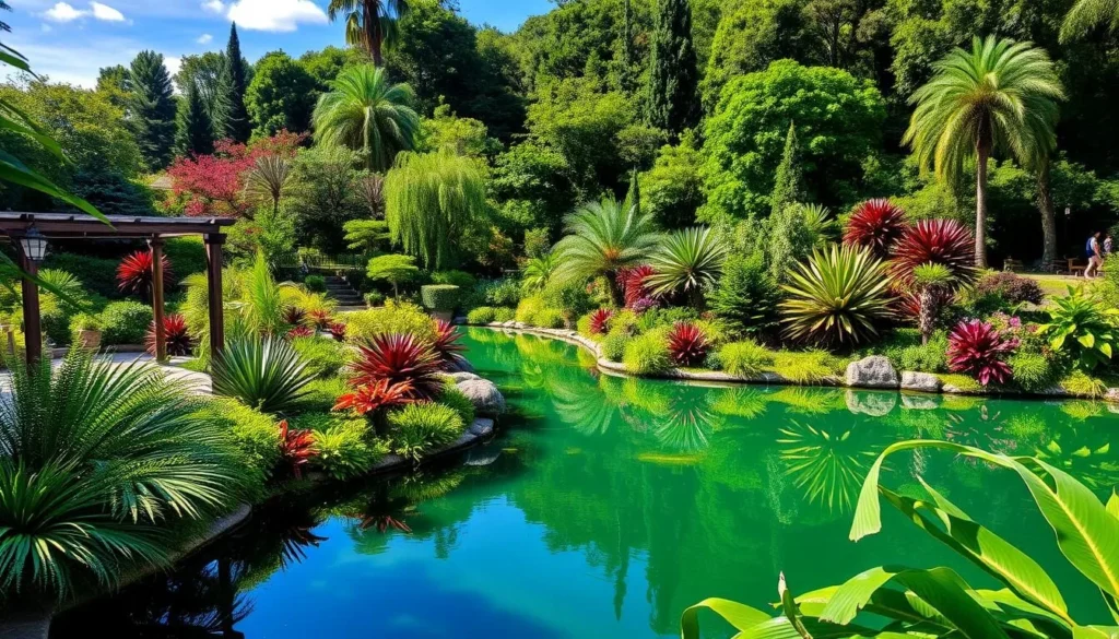 Generate an image of Isole di Brissago botanical garden with subtropical plants and a serene lake view.