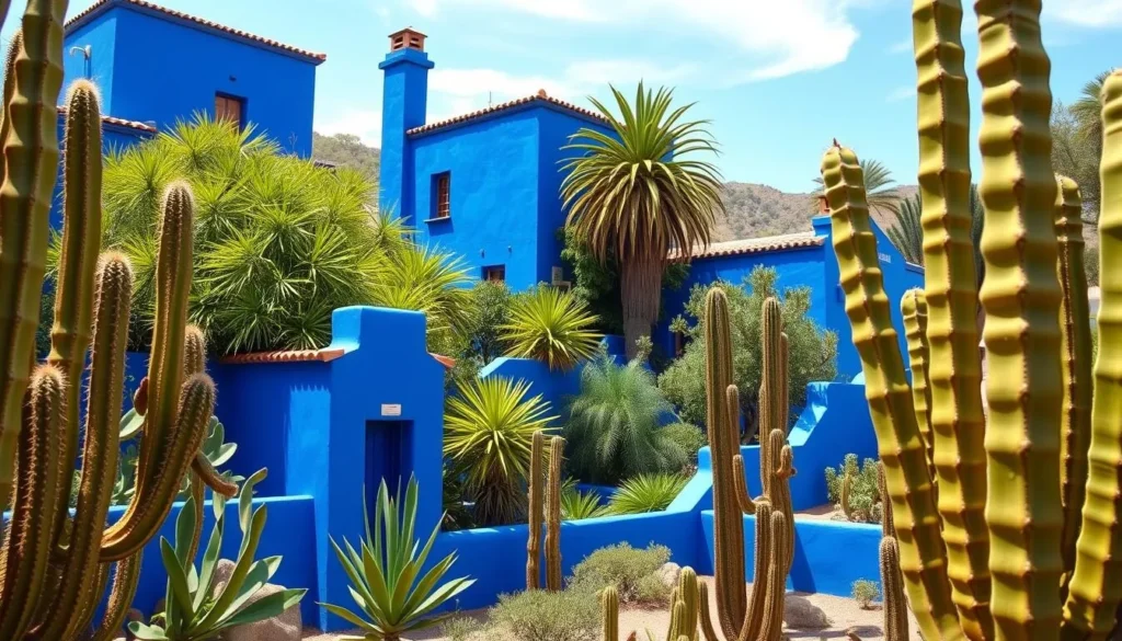 Generate an image of Jardin Majorelle's vibrant cobalt blue buildings surrounded by exotic plants and cacti.