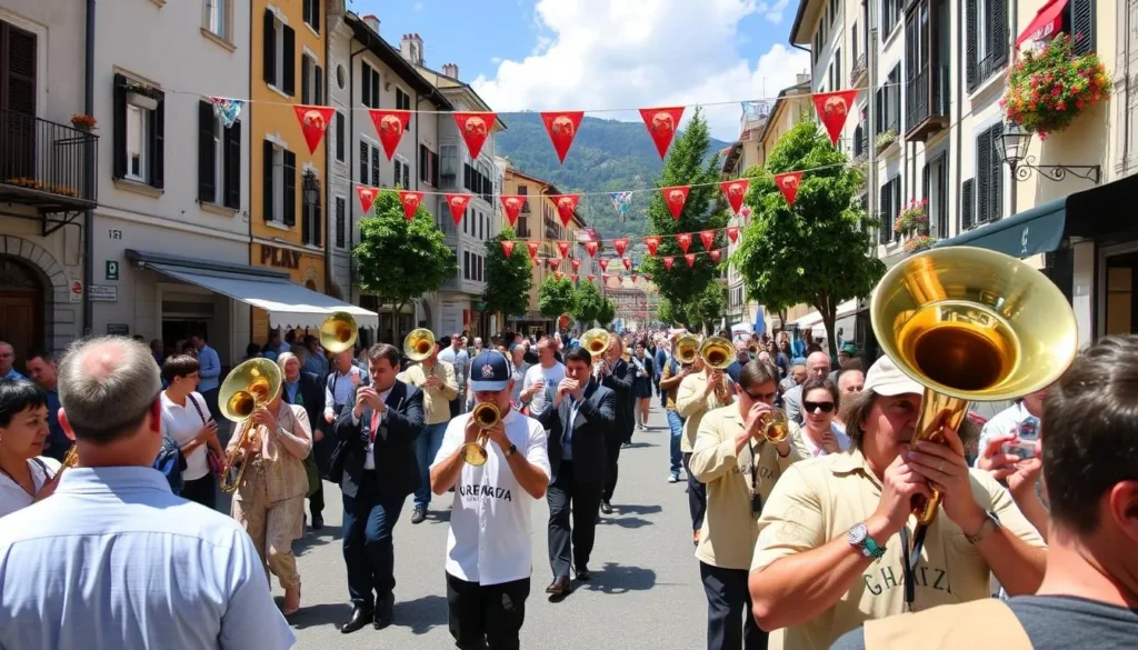 Generate an image of JazzAscona festival with brass bands parading through the streets of Ascona.