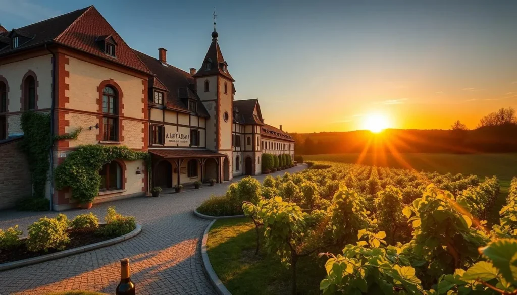Generate an image of Jean-Baptiste Adam winery in Alsace, featuring its historic buildings and vineyards.
