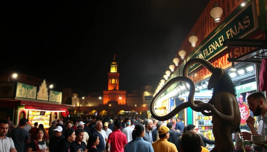 Generate an image of Jemaa el-Fnaa Square at night, with snake charmers and food stalls.