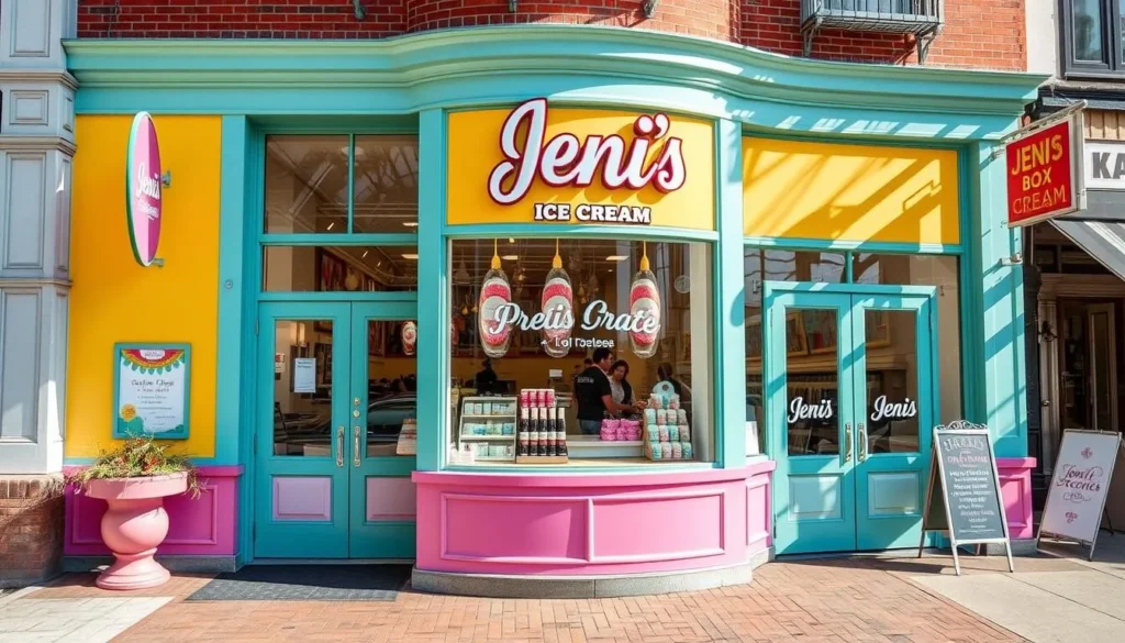 Generate an image of Jeni's Ice Cream's colorful and inviting storefront.