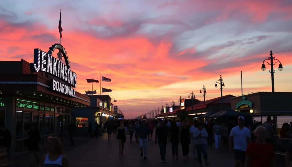 Generate an image of Jenkinson's Boardwalk at sunset, with vibrant colors and lively atmosphere.