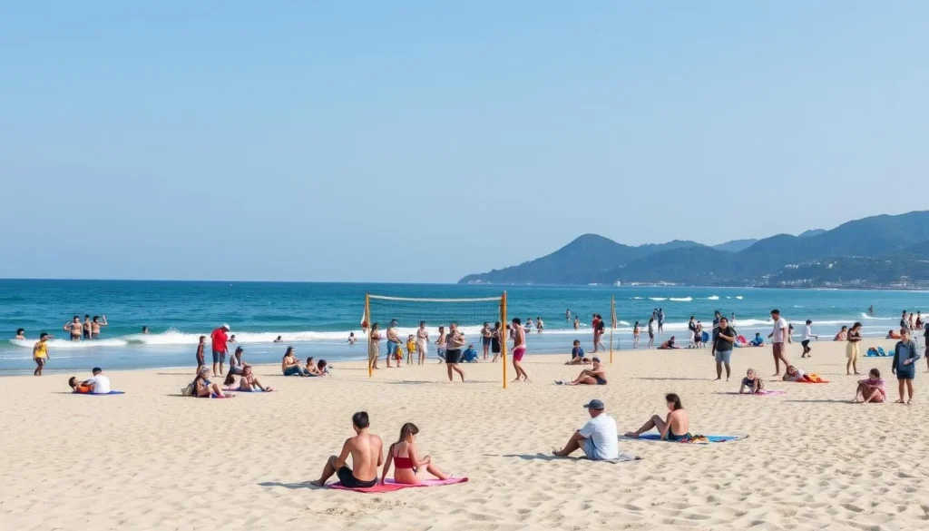Generate an image of Jeongja Beach in Ansan, South Korea, showcasing its lively atmosphere and beach activities.