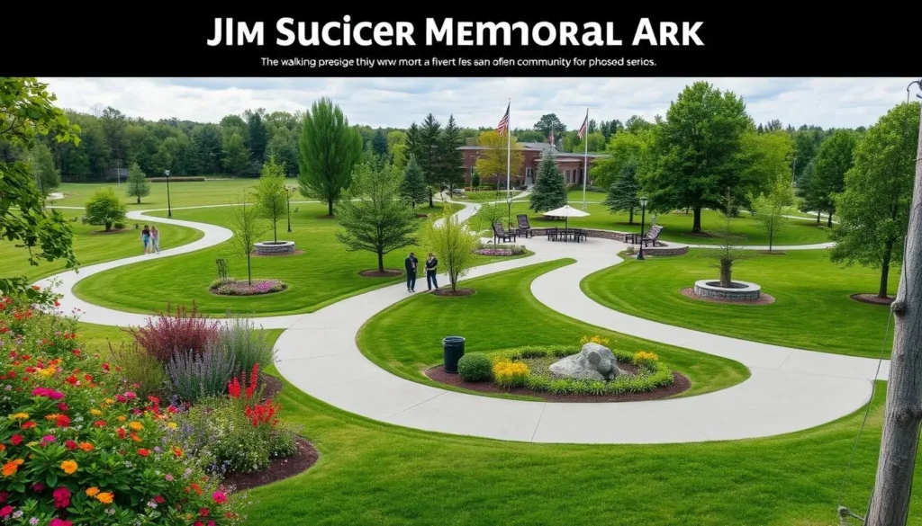 Generate an image of Jim Saucier Memorial Park's serene landscape, featuring walking trails and community gathering spaces.
