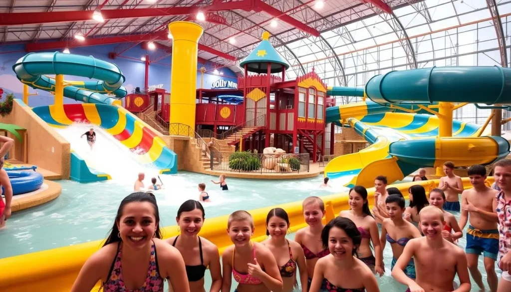Generate an image of Jolly Mon Indoor Water Park, featuring the water slides and lazy river.