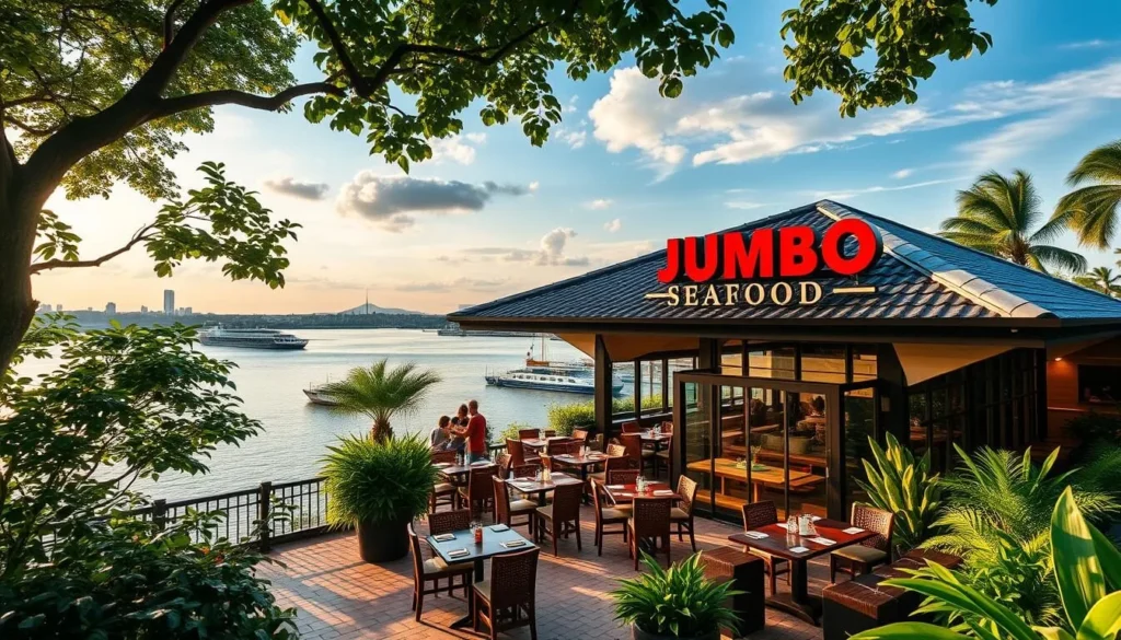 Generate an image of Jumbo Seafood's East Coast Park location with a scenic waterfront view.