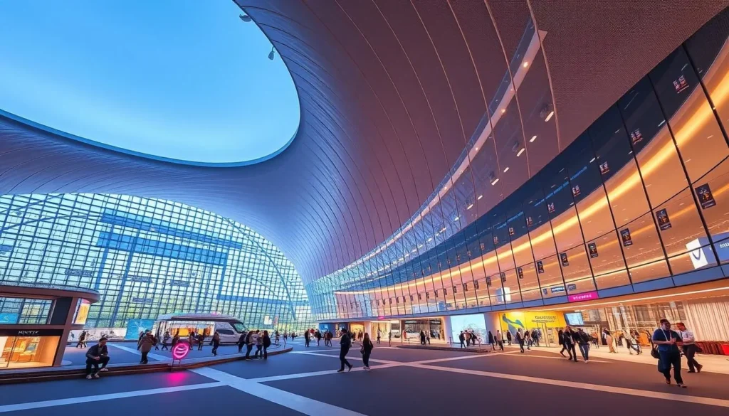 Generate an image of KINTEX, Korea's largest exhibition center, showcasing its modern architecture and spacious exhibition halls.