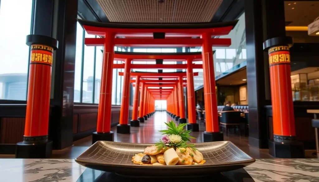 Generate an image of KOMA Singapore at Marina Bay Sands, featuring its stunning 20-meter passageway of torii gates and a beautifully presented dish.