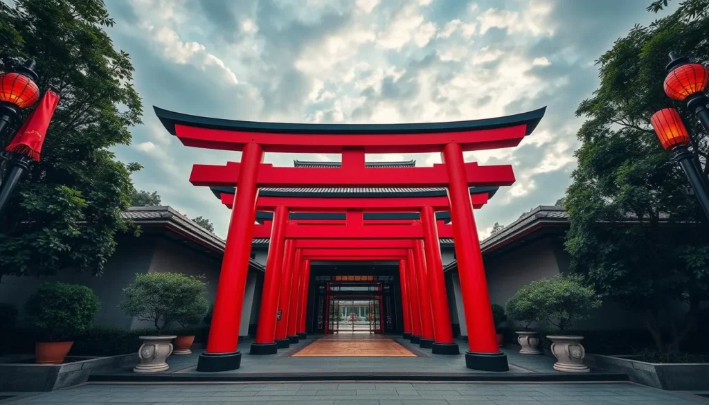 Generate an image of KOMA Singapore's dramatic entrance with vermilion torii gates