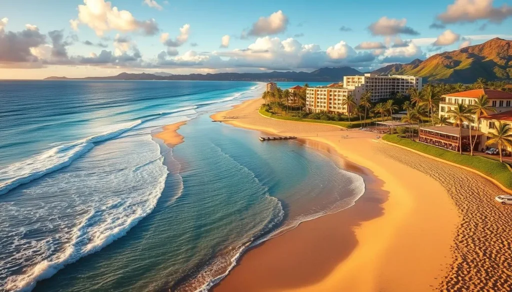 Generate an image of Kaanapali Beach with its golden sands and clear waters, surrounded by luxury resorts.