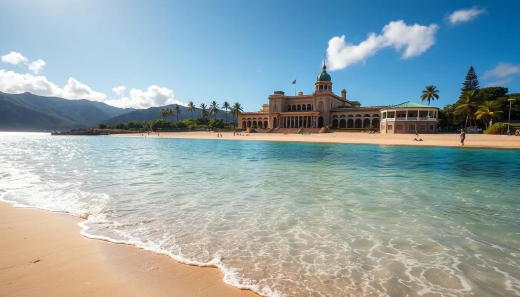 Generate an image of Kaimana Beach with the historic Natatorium in the background.