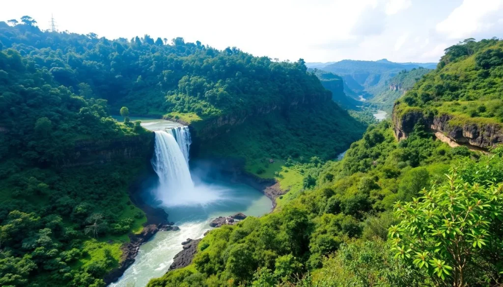 Generate an image of Kalandula Falls, showcasing its horseshoe shape and the surrounding landscape.