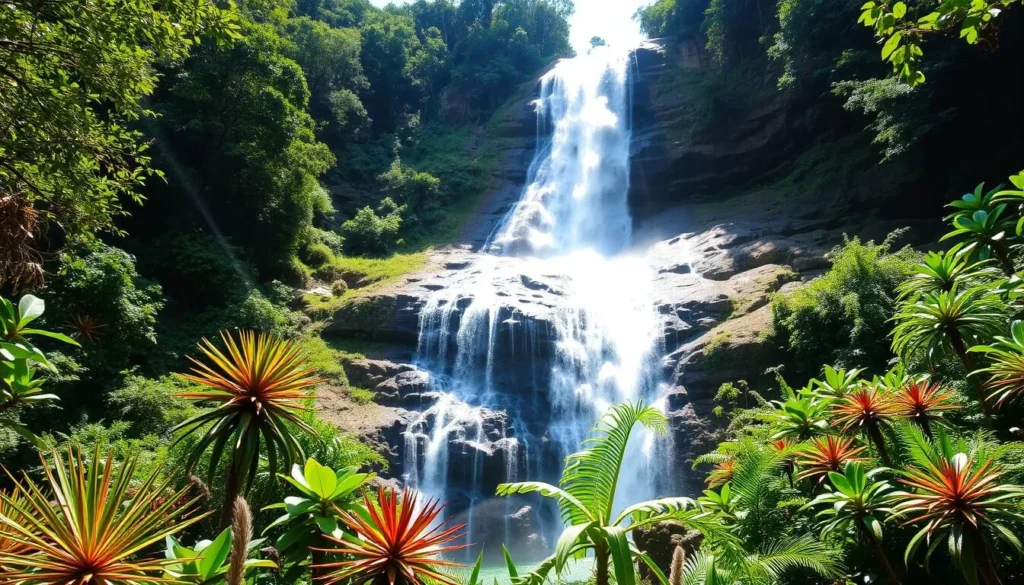 Generate an image of Kalandula Falls, showcasing the massive waterfall surrounded by lush greenery.