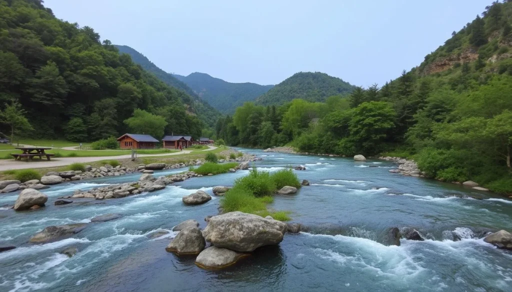 Generate an image of Kampi River Rapids, a serene archipelago with streams and picnic areas.