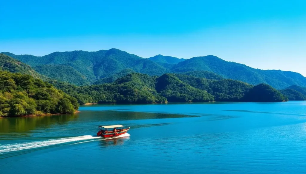 Generate an image of Kaptai Lake with a boat ride and surrounding hills.