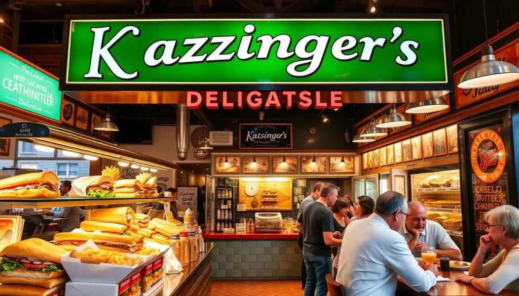 Generate an image of Katzinger's Delicatessen, showcasing their sandwich selection and deli counter.
