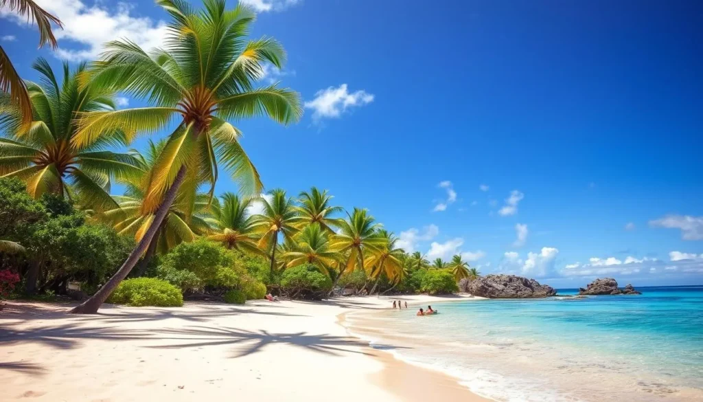 Generate an image of Kauna'oa Beach with its white sand and palm trees.