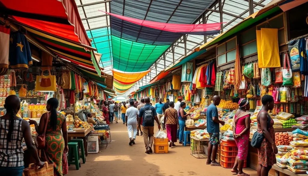 Generate an image of Kejetia Market in Kumasi, Ghana, showcasing its vibrant stalls and bustling atmosphere.