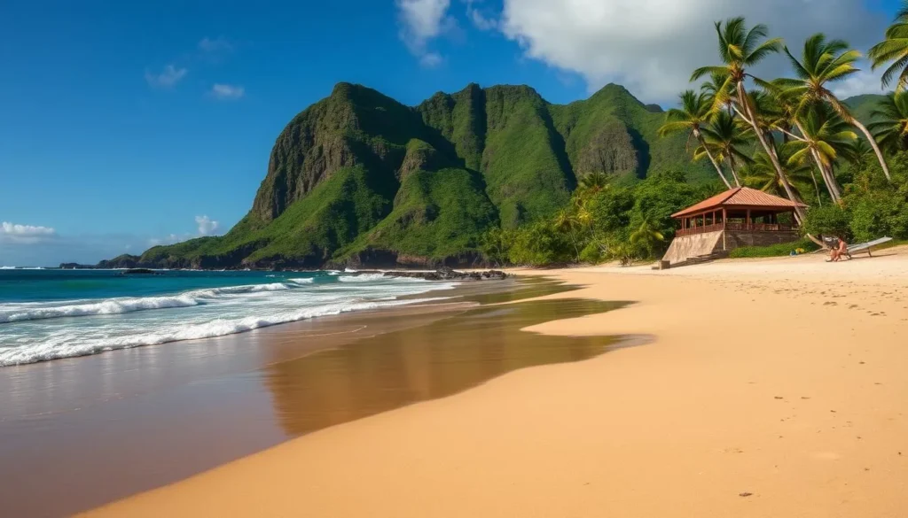 Generate an image of Keomuku Beach, showcasing its serene landscape and historic features.