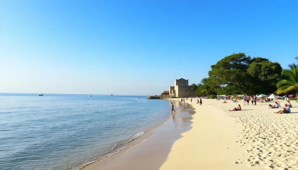 Generate an image of Kep Beach with a serene atmosphere and people relaxing on the shore.