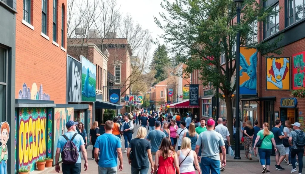 Generate an image of Kesey Square in downtown Eugene, featuring vibrant street art and a lively atmosphere.