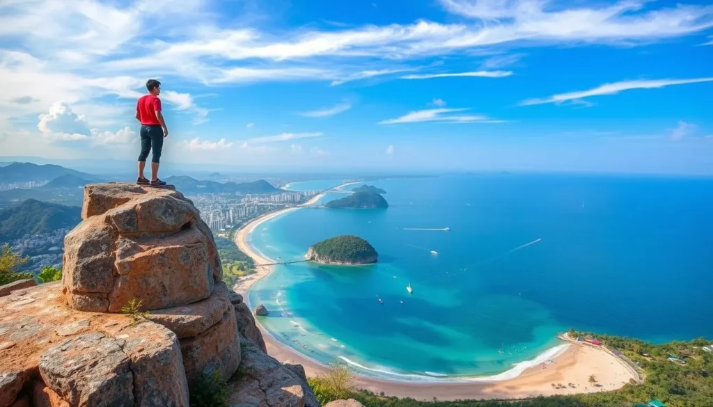 Generate an image of Khao Sam Muk Viewpoint, showing panoramic views of Bangsaen Beach.