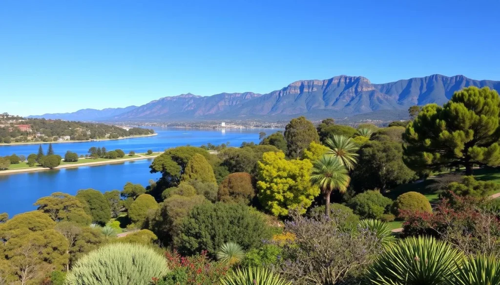 Generate an image of Kings Park and Botanic Garden with the Swan River and Darling Range in the background.