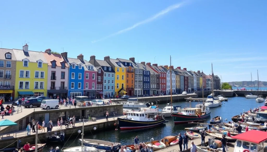 Generate an image of Kinsale harbor with colorful buildings and a bustling atmosphere.