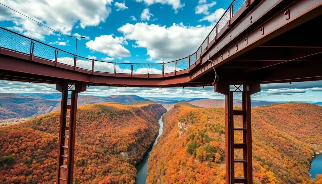 Generate an image of Kinzua Bridge State Park's skywalk with a stunning view of the Kinzua Gorge.