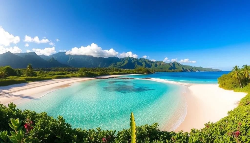 Generate an image of Kipu Kai Beach with pristine white sands and crystal-clear waters.