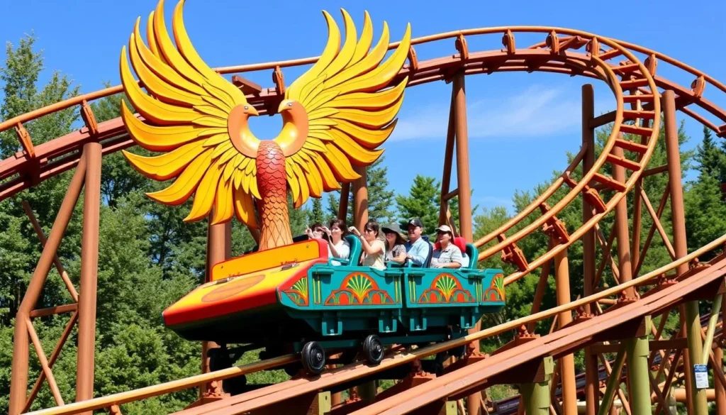 Generate an image of Knoebels Amusement Park's wooden roller coaster, the Phoenix