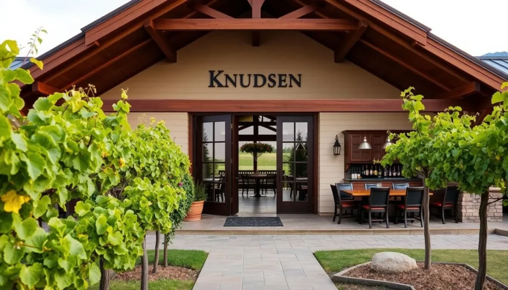 Generate an image of Knudsen Vineyards' picturesque vineyards and tasting room