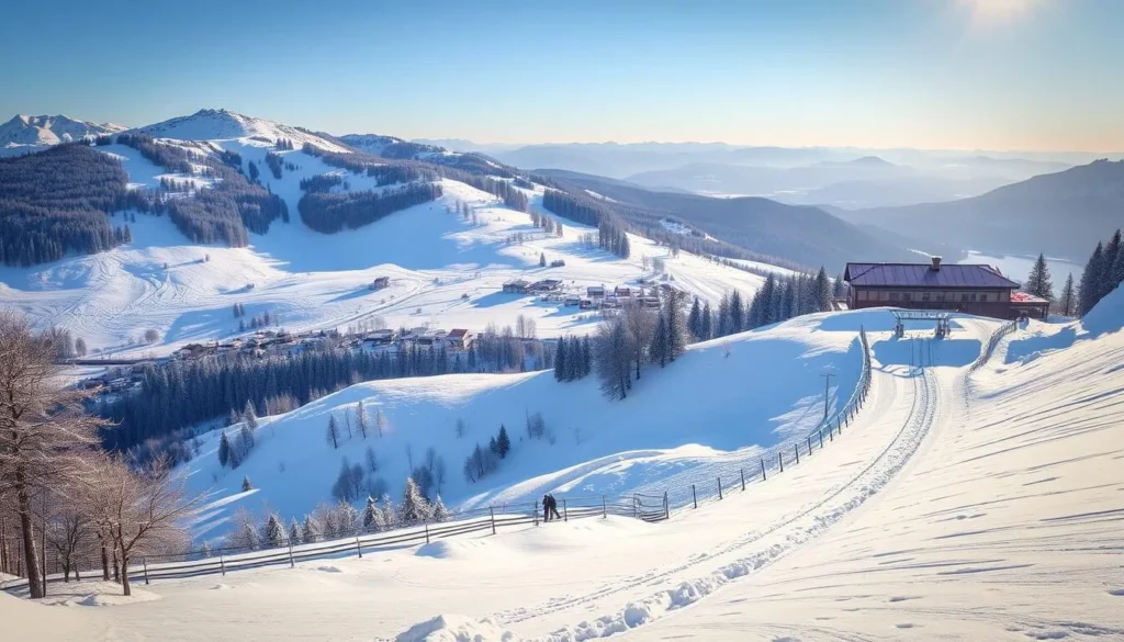 Generate an image of Kronberg Mountain in eastern Switzerland during winter with snow-covered slopes and a toboggan run.