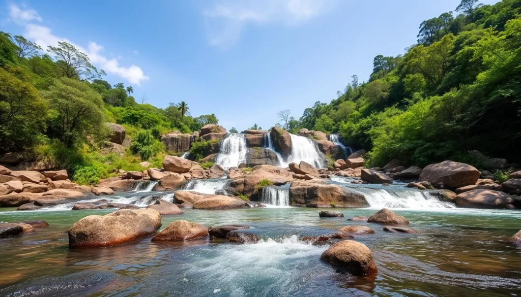 Generate an image of Kwa Falls with its natural spring water flowing through rocks.