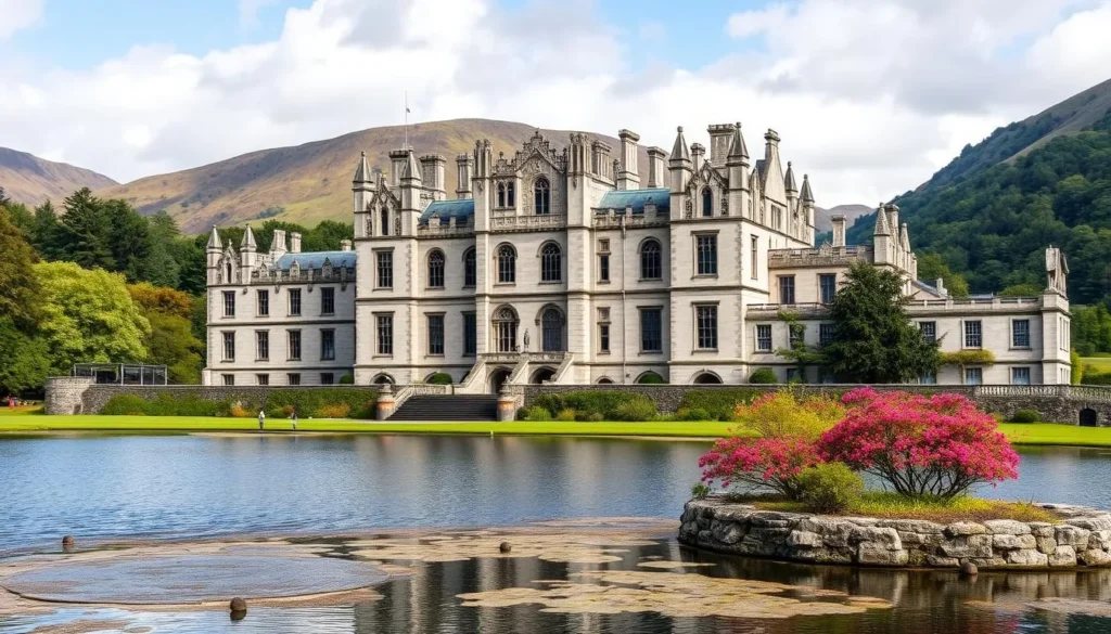Generate an image of Kylemore Abbey's grand facade with the surrounding landscape.