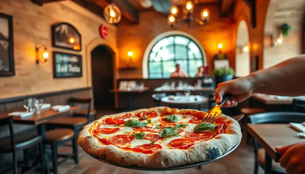 Generate an image of L'Antica Pizzeria da Michele in Singapore, showcasing its authentic Neapolitan-style interior and a classic margherita pizza being served.