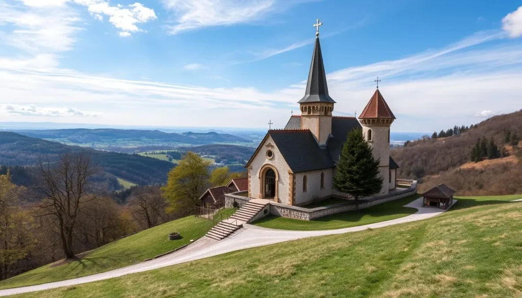 Generate an image of La Chapelle de Notre Dame du Haut, capturing its unique design and breathtaking surroundings.