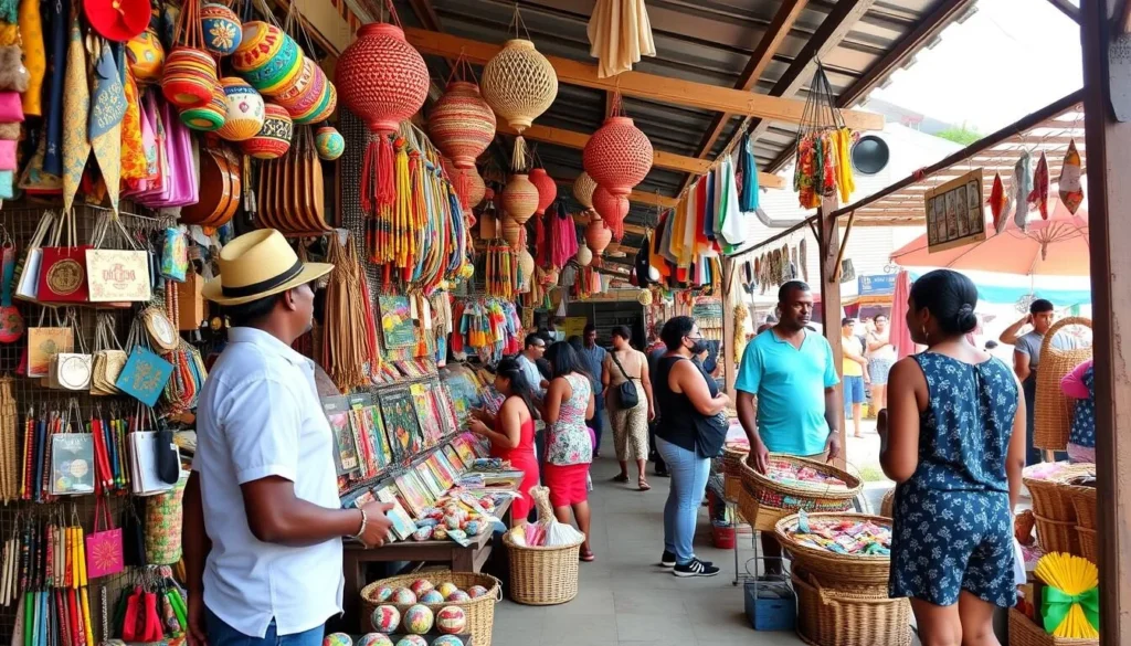 Generate an image of La Digue Market, highlighting its diverse range of souvenir items and the friendly vendors.