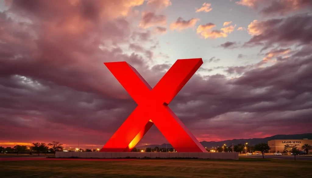 Generate an image of La Equis Monument, a giant red 'X' in Ciudad Juarez, Mexico, during sunset.