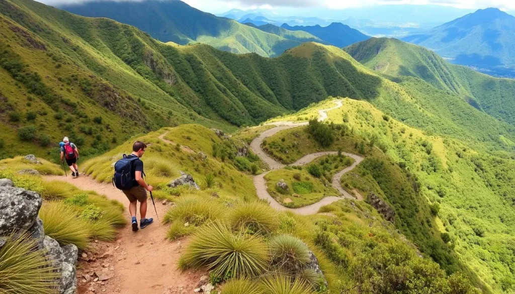 Generate an image of La Malinche National Park with hikers on the trails and a stunning view of the surrounding landscape.