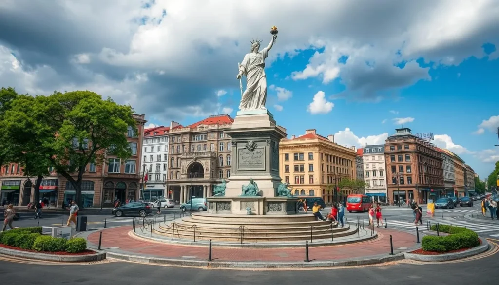 Generate an image of La Nouvelle Liberté statue, standing prominently in the Deïdo roundabout.