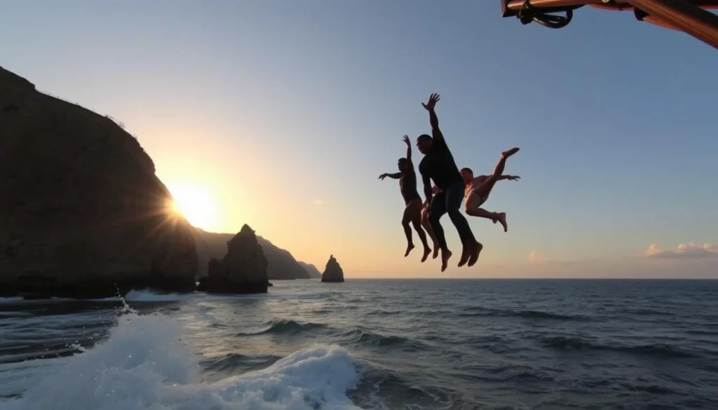 Generate an image of La Quebrada Cliff Divers performing their death-defying stunt at sunset.