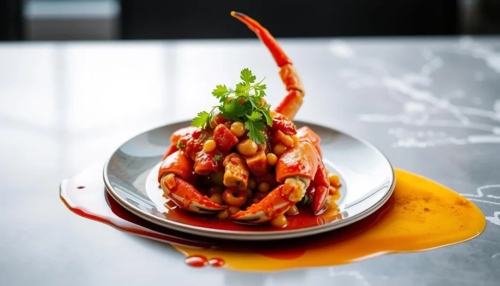 Generate an image of Labyrinth restaurant's signature dish, featuring a modern twist on chili crab.