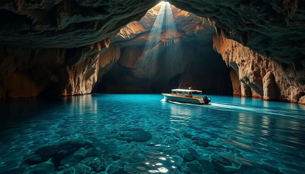 Generate an image of Lac Souterrain, Europe's largest underground lake, with crystal-clear water and a boat gliding across its surface.