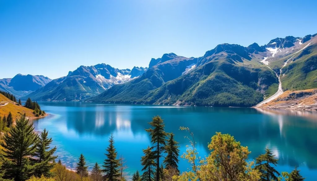 Generate an image of Lai da Palpuogna lake surrounded by mountains and a clear blue sky.