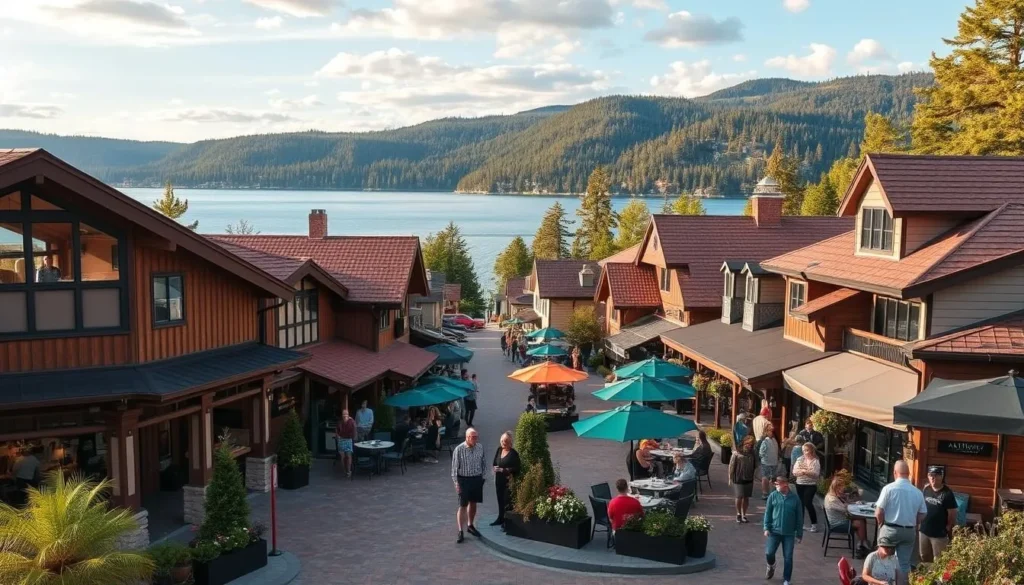 Generate an image of Lake Arrowhead Village with its upscale shops and restaurants.