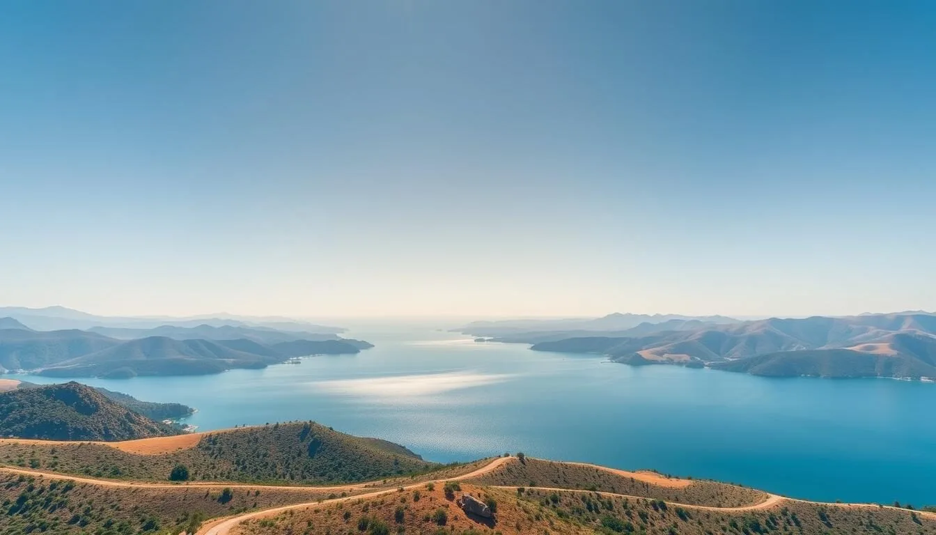 Generate an image of Lake Berryessa with surrounding hills and a clear blue sky.